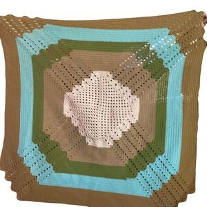 Handmade afghan lap throw crochet blanket, 33X40, brown, blue,‎ green, pink